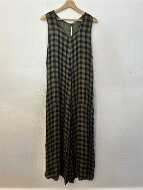 CUT LOOSE Wide Leg Gauzy Cropped Jumpsuit Sm/Med Green Black Checked Fall Autumn